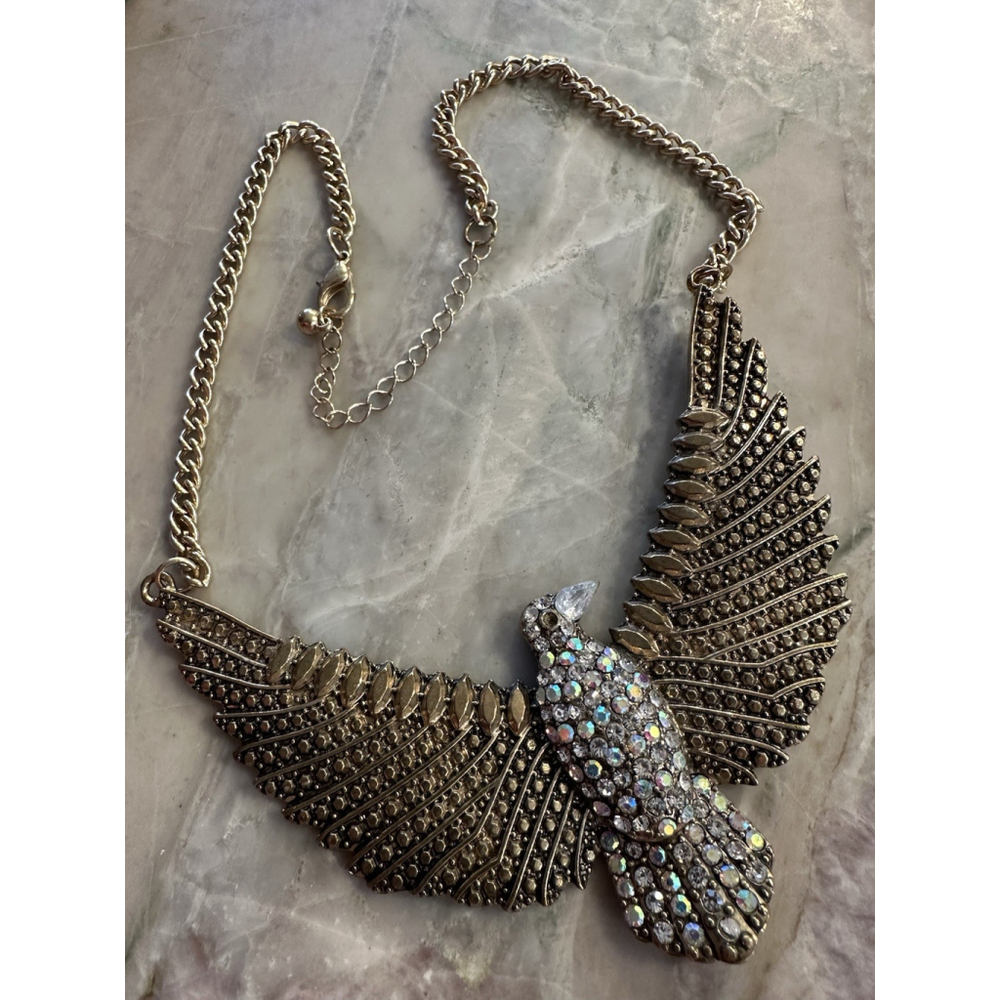 Vintage USA Antique Gold Eagle Bird Wing Bib Statement Necklace Rhinestone Bling